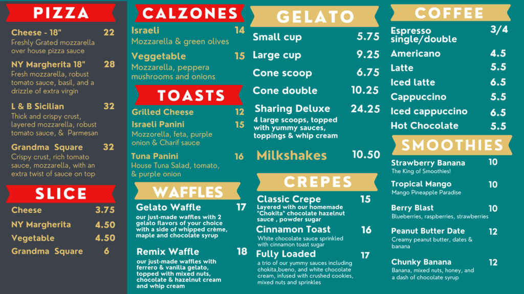 Gelato and pizza menu